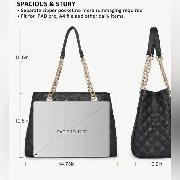 Montana West MEDIUM Tote Bag for Women Quilted Chain Handbags Shoulder Purse - Picture 9 of 10